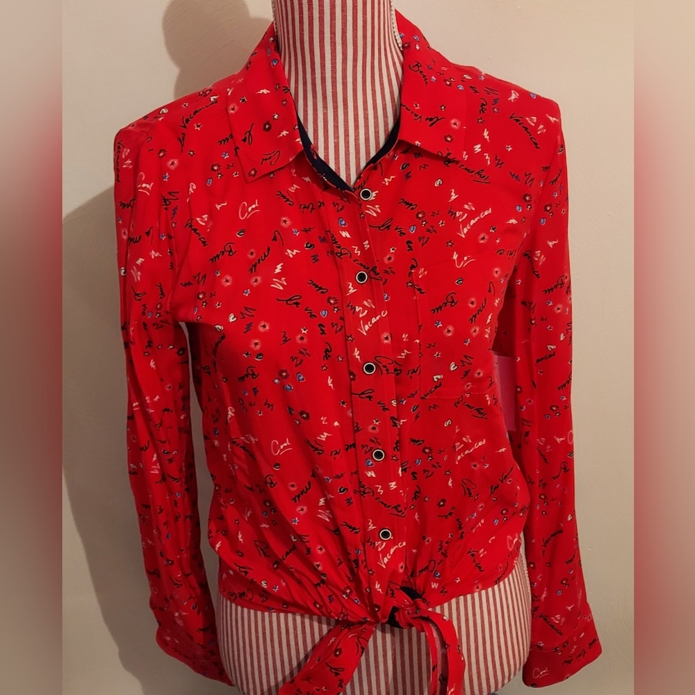 NWT Leighton Doodle Printed Tie-Front Top, Created for Macy's RETIRED SIZE XS